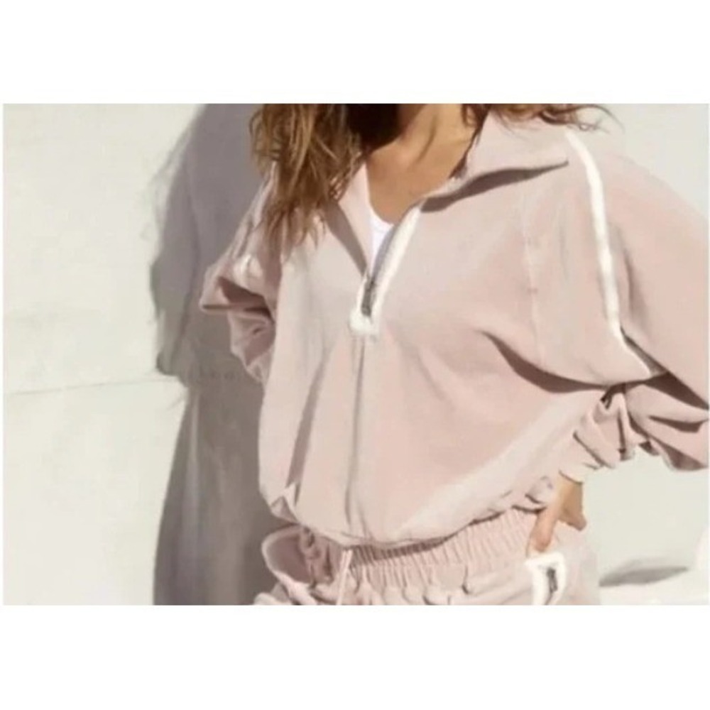 Free People Movement Friday Love Sweatshirt Pink Velour Crop 1/4 Zip Stripes S